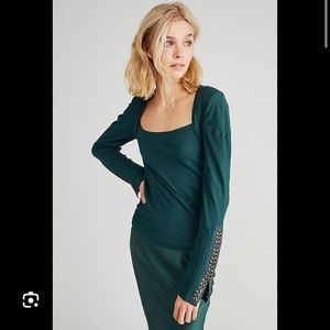 Rare FP We The Free Unruly Grunge Knit Top Long Sleeve Sm Forest WaFfle Thermal